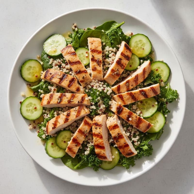 Grilled Chicken Breast Salad with Quinoa and Crunchy Cucumber