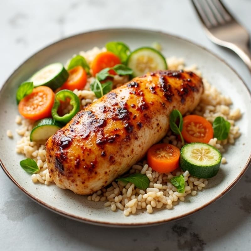 Ginger-Soy Glazed Chicken with Garden Vegetables and Jasmine Rice