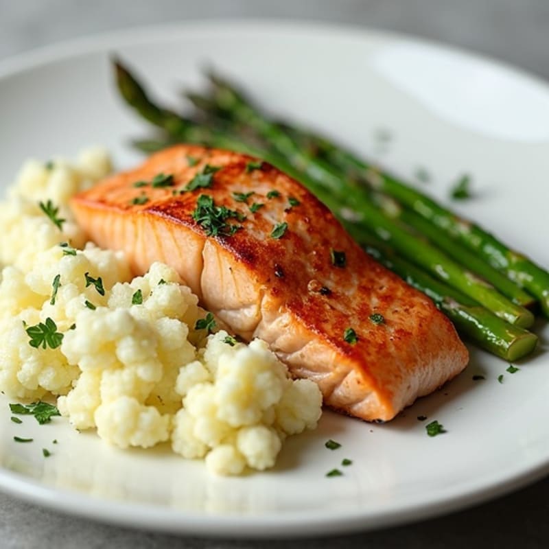Seared Salmon with Roasted Asparagus and Garlic Mashed Cauliflower