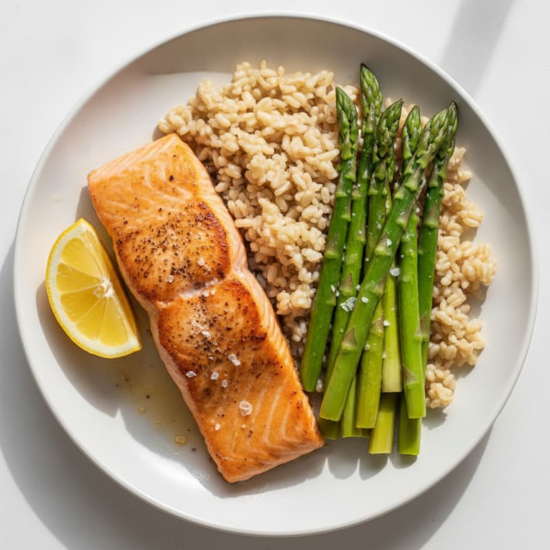 Seared Salmon with Steamed Asparagus and Brown Rice