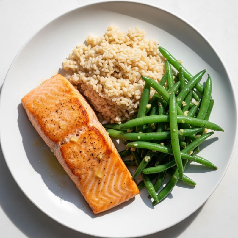 Seared Salmon with Garlic Green Beans and Brown Rice