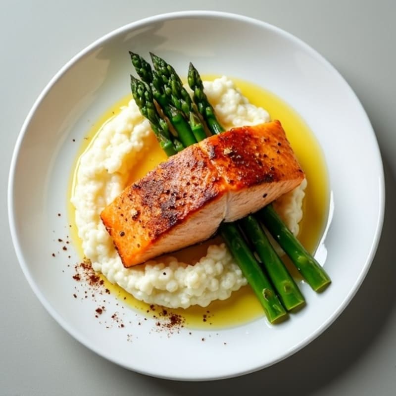 Seared Salmon with Steamed Asparagus and Cauliflower Mash