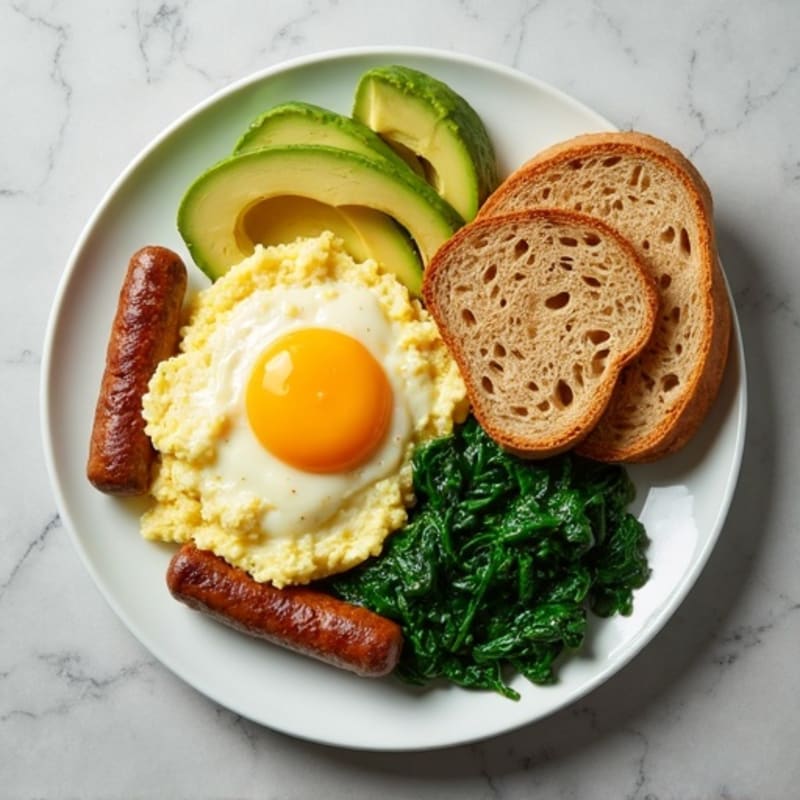 Egg White Scramble with Turkey Sausage and Sautéed Spinach