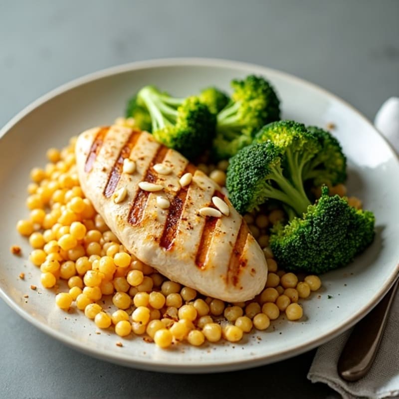 Grilled Chicken Breast with Chickpea Pasta and Roasted Broccoli