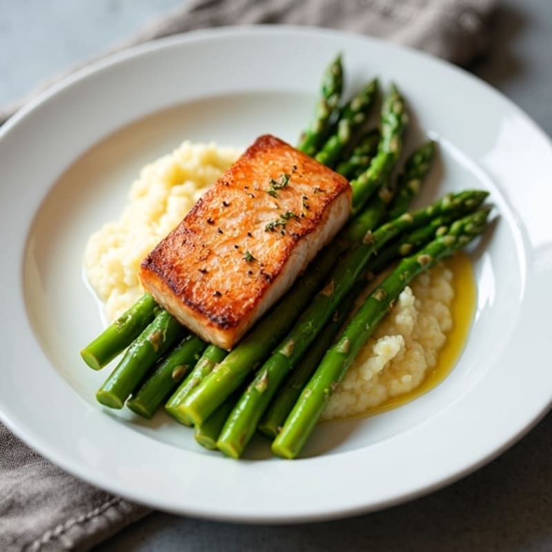 Seared Salmon with Steamed Asparagus and Cauliflower Mash