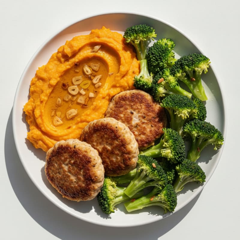 Seared Turkey Patties with Steamed Broccoli and Sweet Potato Mash