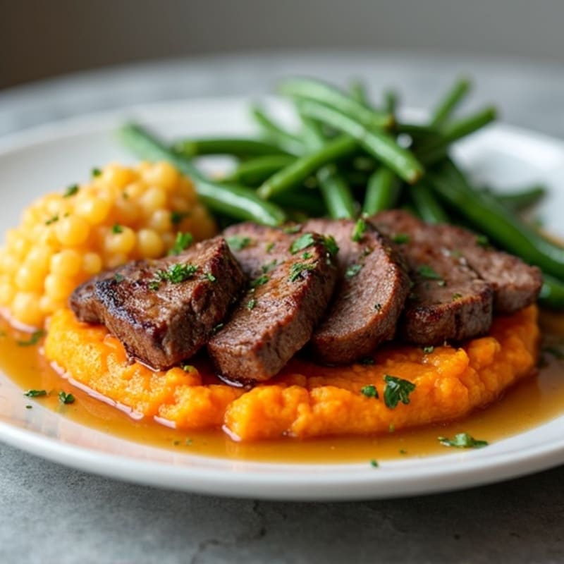 Seared Lean Beef Strips with Sweet Potato Mash and Garlic Green Beans