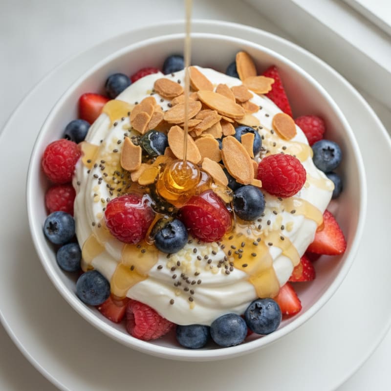 Greek Yogurt Protein Parfait with Mixed Berries and Almonds