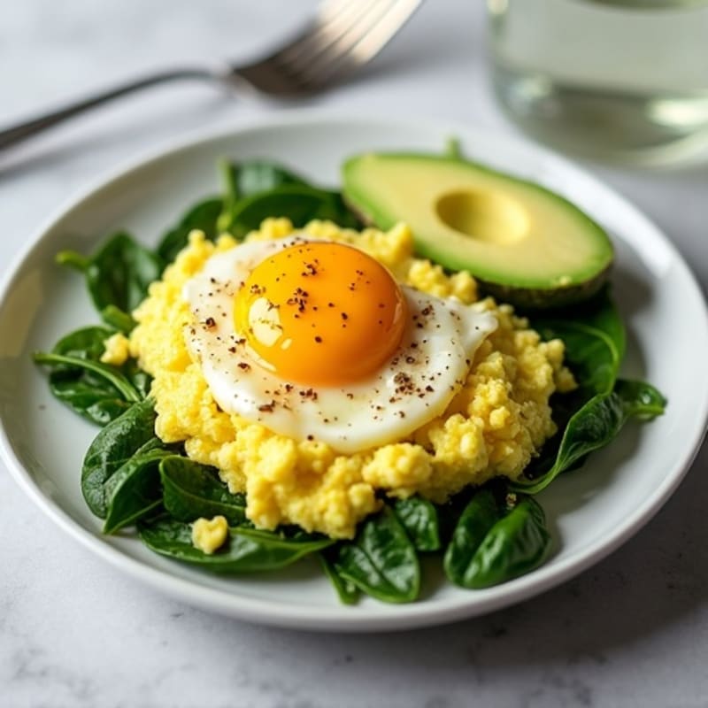 Fluffy Egg and Spinach Scramble with Sliced Avocado