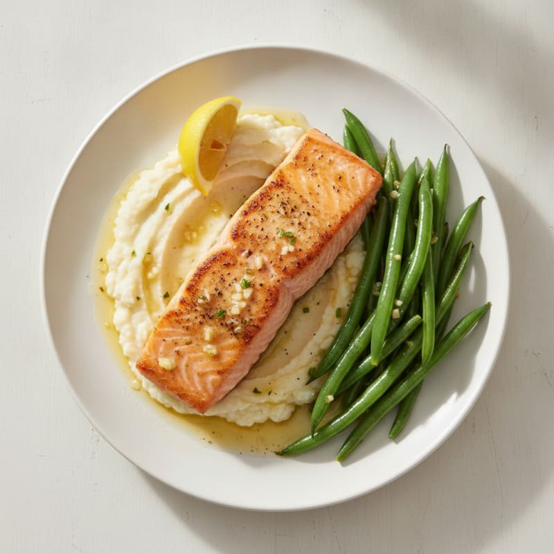 Seared Salmon with Steamed Green Beans and Cauliflower Mash