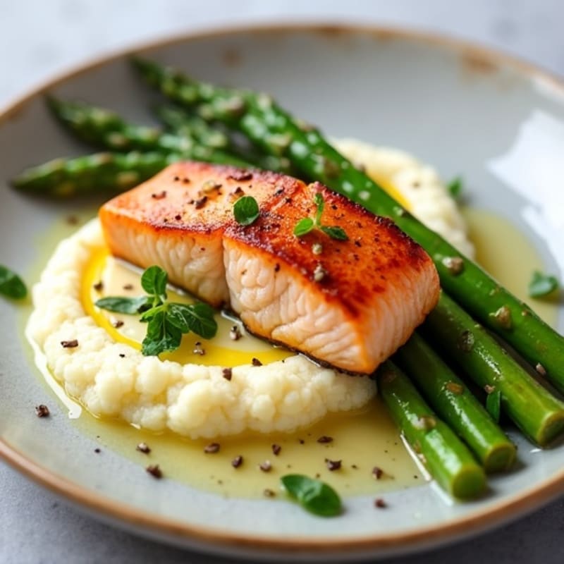 Seared Salmon with Steamed Asparagus and Cauliflower Mash
