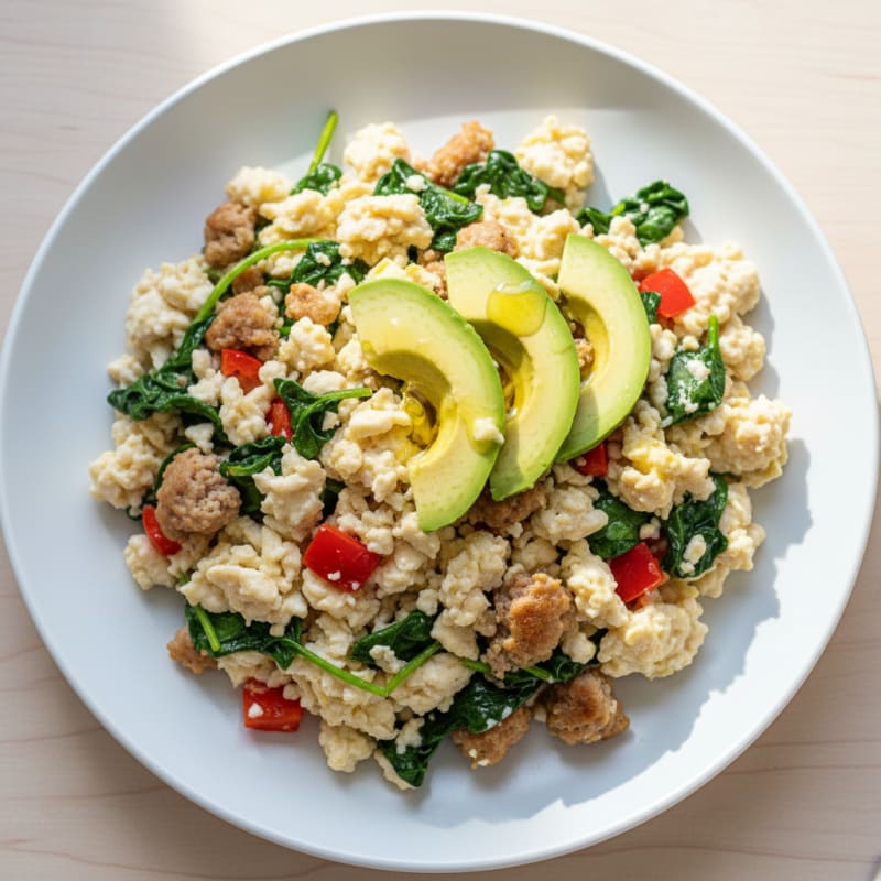 Egg White Scramble with Turkey Sausage and Sautéed Spinach