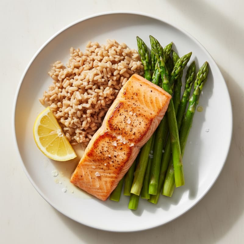 Seared Salmon Fillet with Steamed Asparagus and Brown Rice