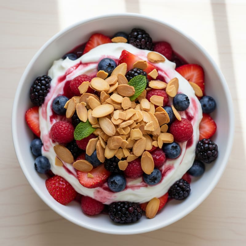 Greek Yogurt Protein Parfait with Mixed Berries and Almonds