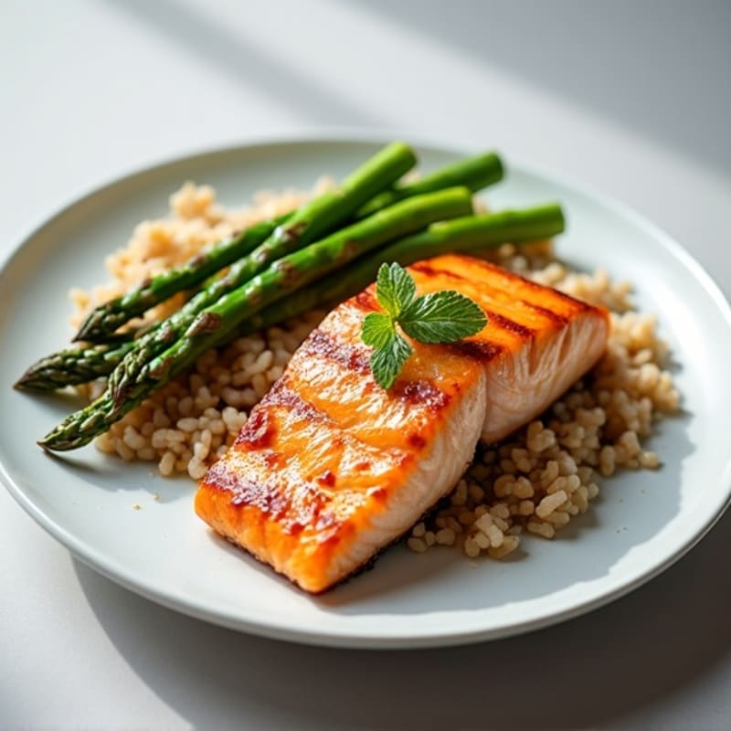 Seared Salmon Fillet with Steamed Asparagus and Brown Rice