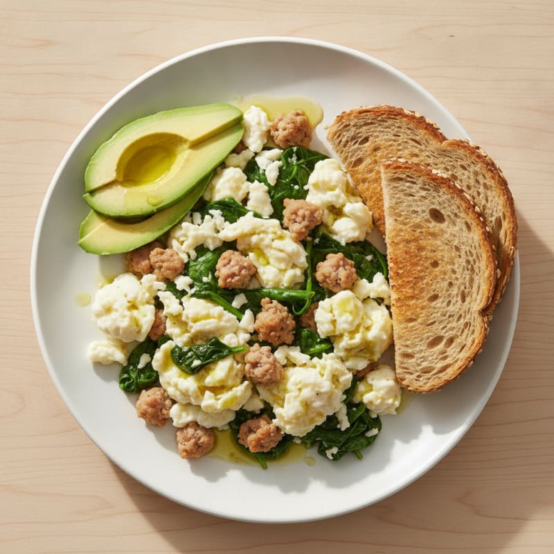 Egg White and Turkey Sausage Scramble with Sautéed Spinach