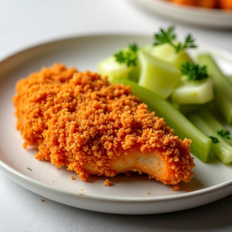 Crispy Buffalo Chicken with Roasted Sweet Potatoes and Crunchy Celery