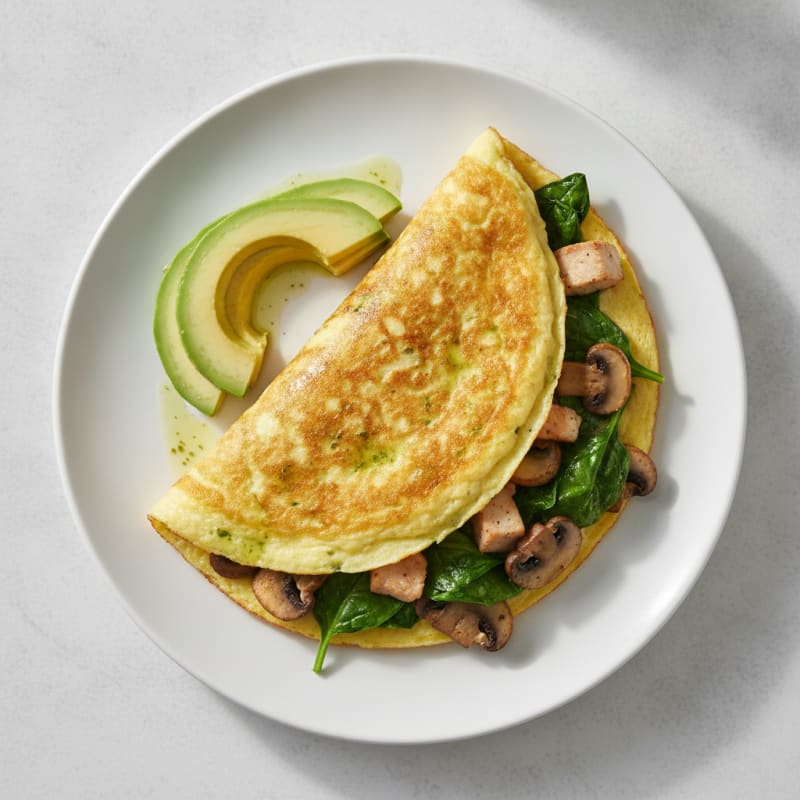 Egg White Spinach Omelette with Turkey Breast and Sautéed Mushrooms