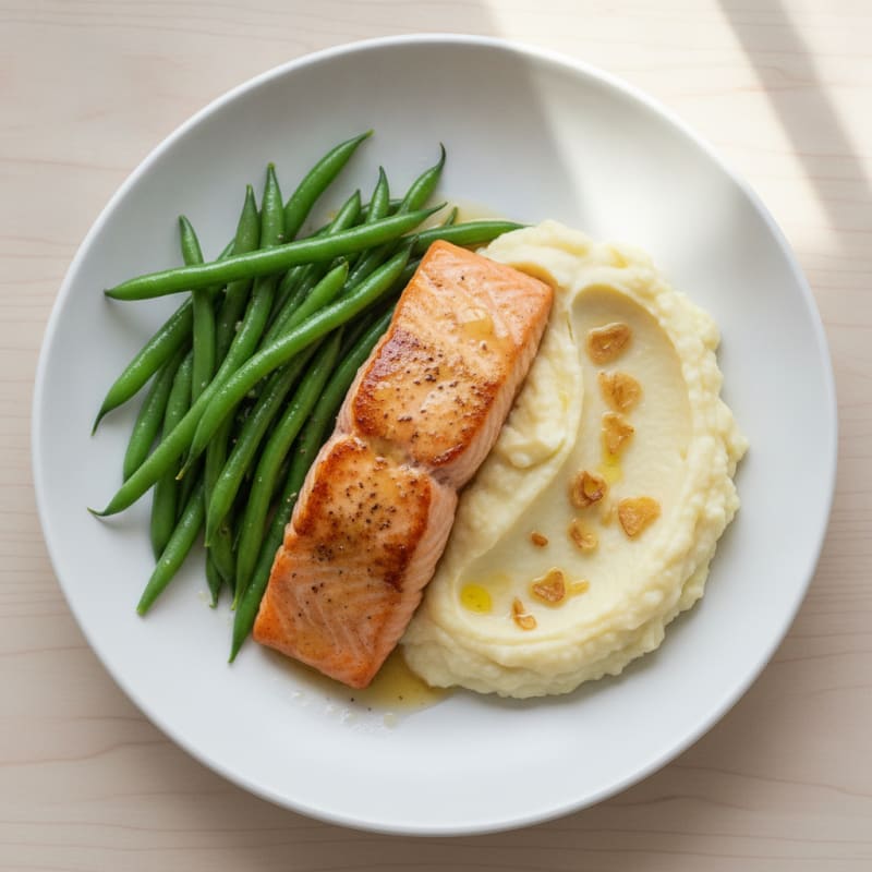 Seared Salmon with Steamed Green Beans and Garlic Mashed Cauliflower