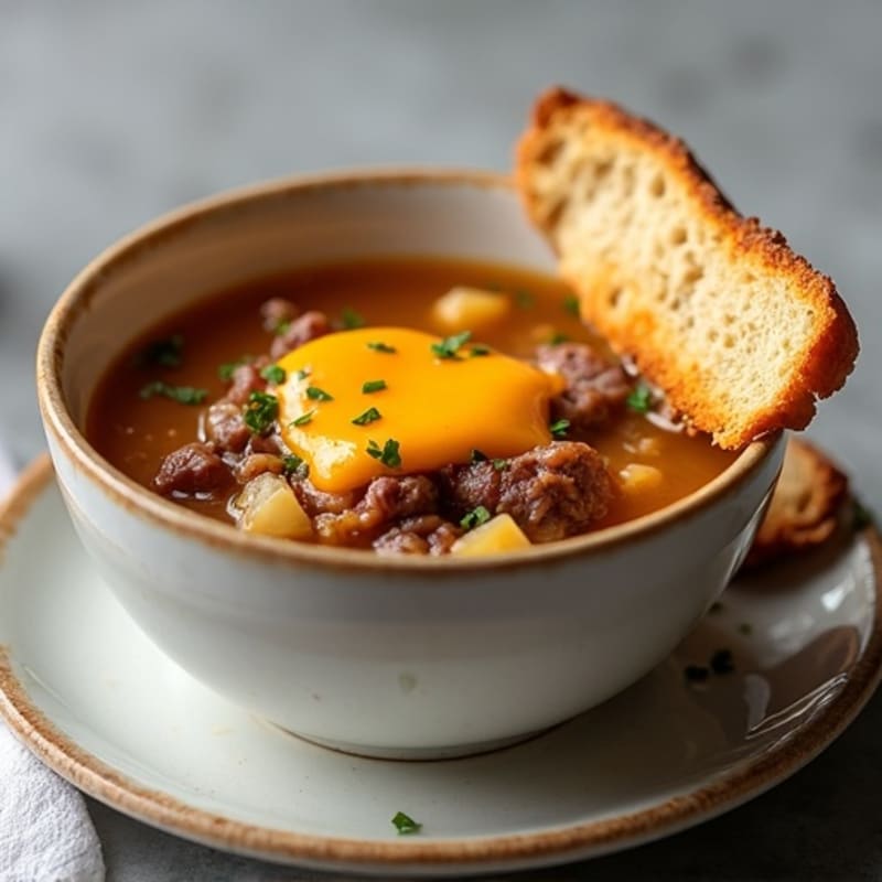 Hearty Caramelized Onion and Beef Broth Soup with Crispy Cheese Toasts