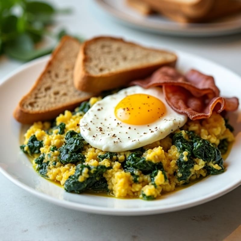 Egg White and Spinach Scramble with Cottage Cheese and Turkey Bacon