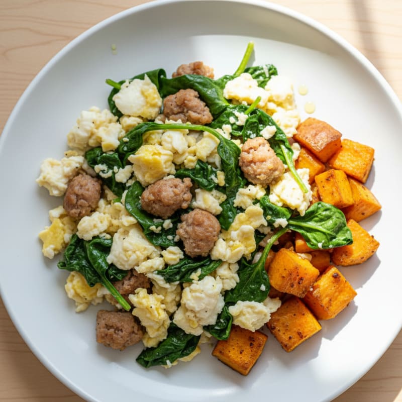 Egg White Scramble with Turkey Sausage and Sautéed Spinach