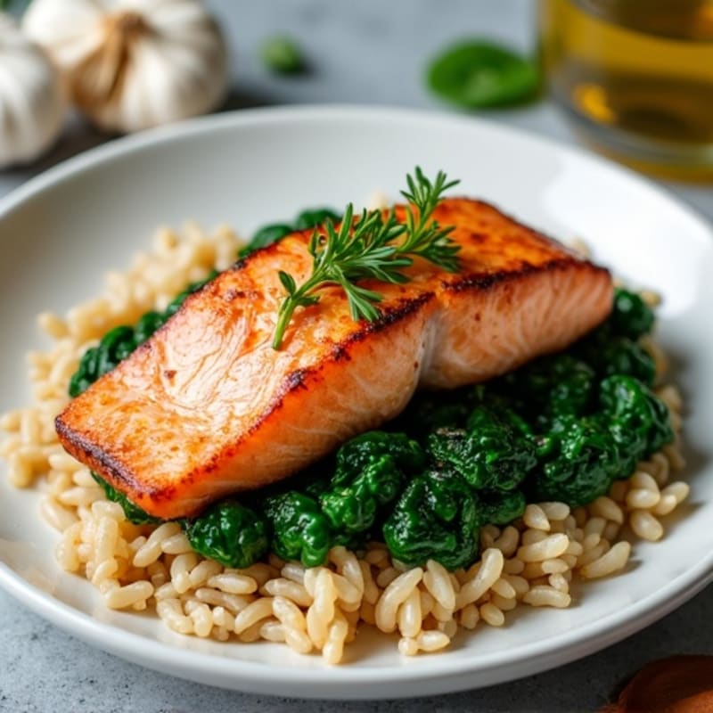 Seared Salmon with Garlic Sautéed Spinach and Brown Rice