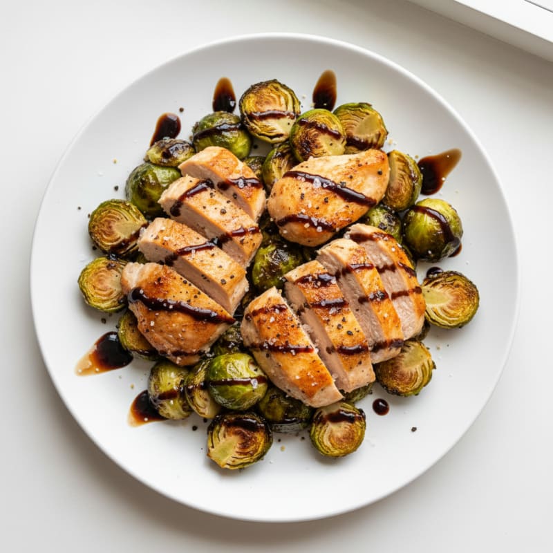 Crispy Balsamic-Glazed Brussels Sprouts with Roasted Chicken
