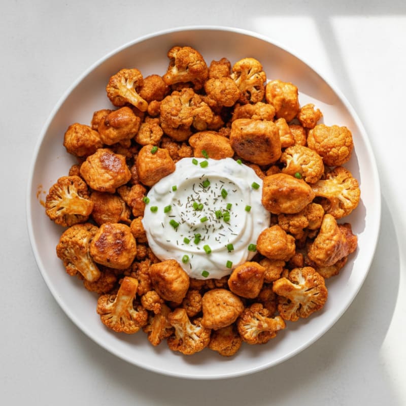 Buffalo Chicken and Cauliflower Bites with High-Protein Ranch