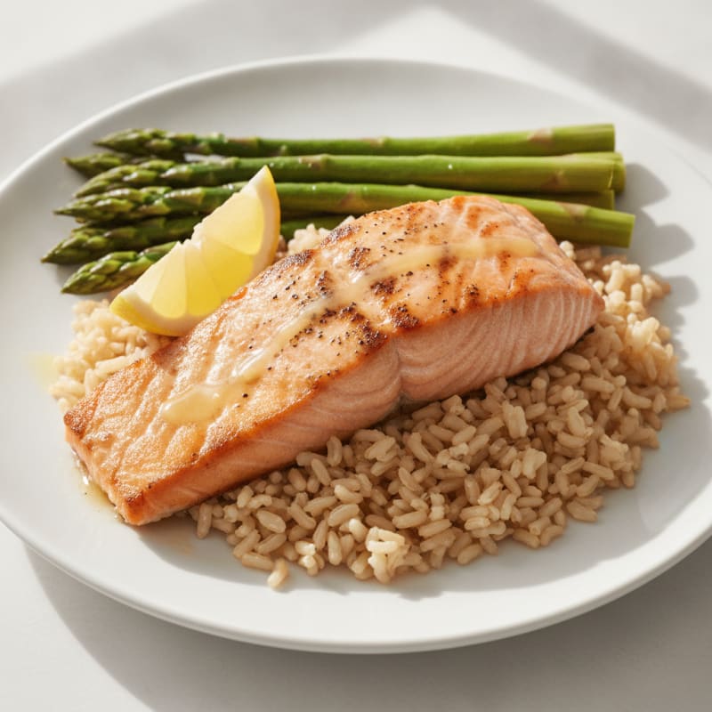 Seared Salmon Fillet with Steamed Asparagus and Brown Rice