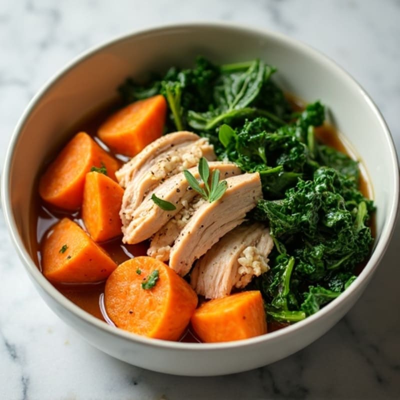 Slow Cooker Shredded Chicken with Sweet Potatoes and Greens