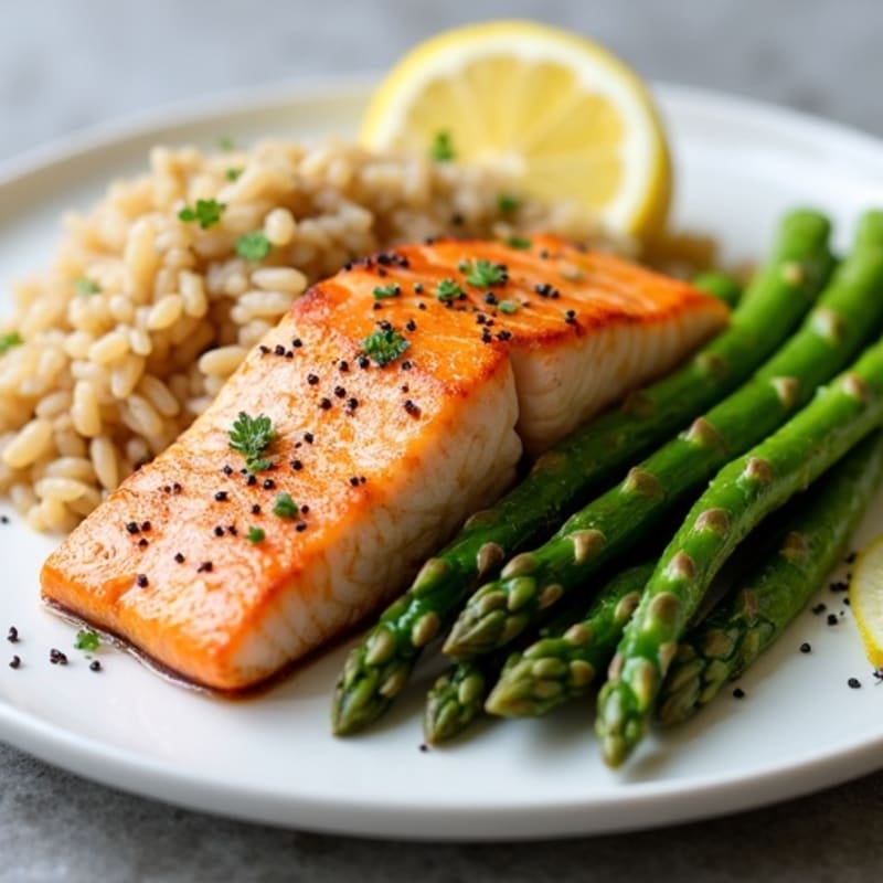 Seared Salmon Fillet with Garlic Asparagus and Brown Rice