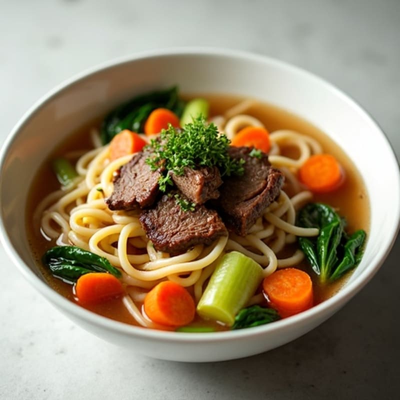 Savory Beef Noodle Soup with Fresh Herbs and Crisp Vegetables