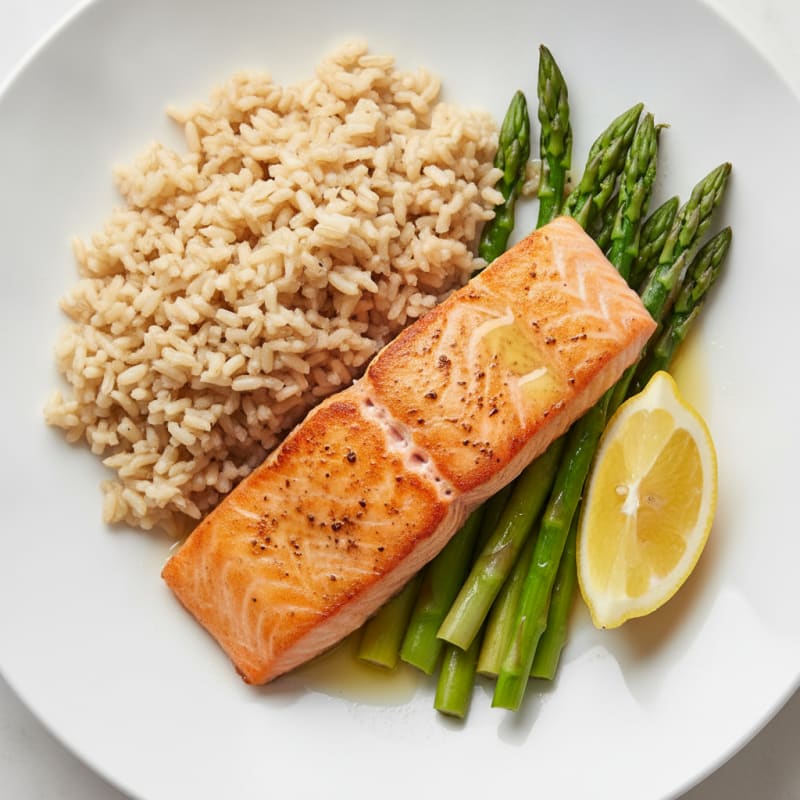 Seared Salmon Fillet with Steamed Asparagus and Brown Rice