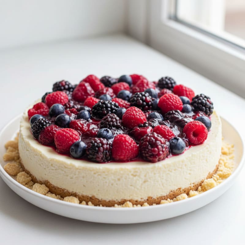 Greek Yogurt Protein Cheesecake with Mixed Berries