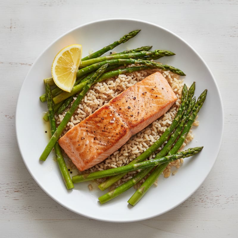 Seared Salmon Fillet with Steamed Asparagus and Brown Rice