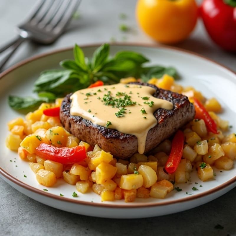 Lean Skillet Steak with Sautéed Peppers, Onions, and Creamy Cheese Sauce