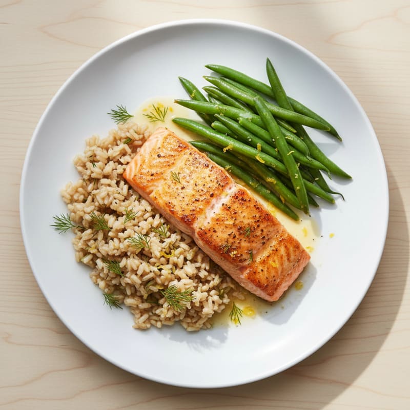 Seared Salmon with Steamed Green Beans and Herbed Brown Rice