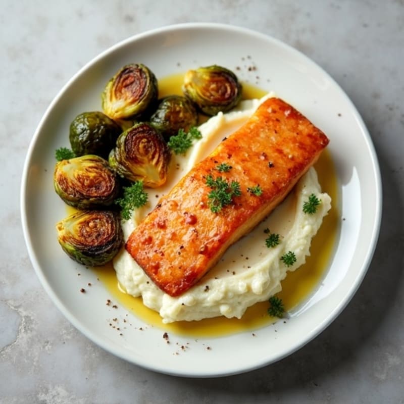 Crispy Pan-Seared Salmon with Creamy Mashed Potatoes and Roasted Brussels Sprouts