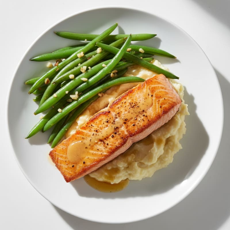 Seared Salmon Fillet with Garlic Green Beans and Mashed Cauliflower