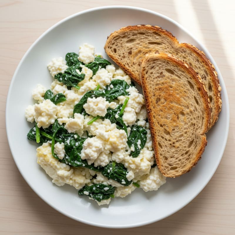 Scrambled Egg Whites with Cottage Cheese and Sautéed Spinach
