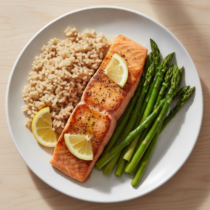 Seared Salmon with Steamed Asparagus and Brown Rice