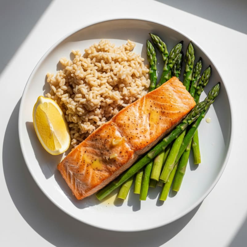 Seared Salmon with Steamed Asparagus and Brown Rice