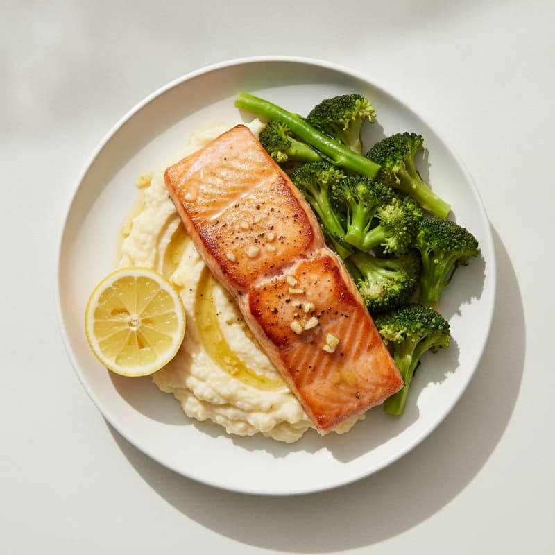 Seared Salmon with Steamed Broccoli and Cauliflower Mash