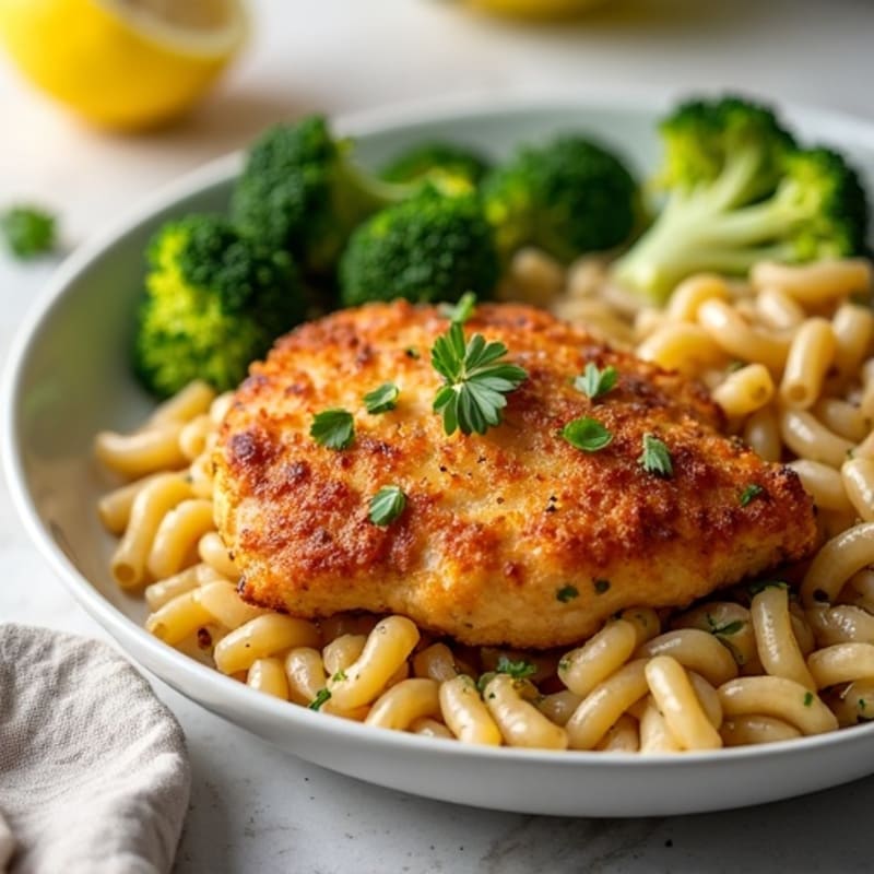 Crispy Lemon Garlic Chicken with Whole Wheat Pasta and Roasted Broccoli