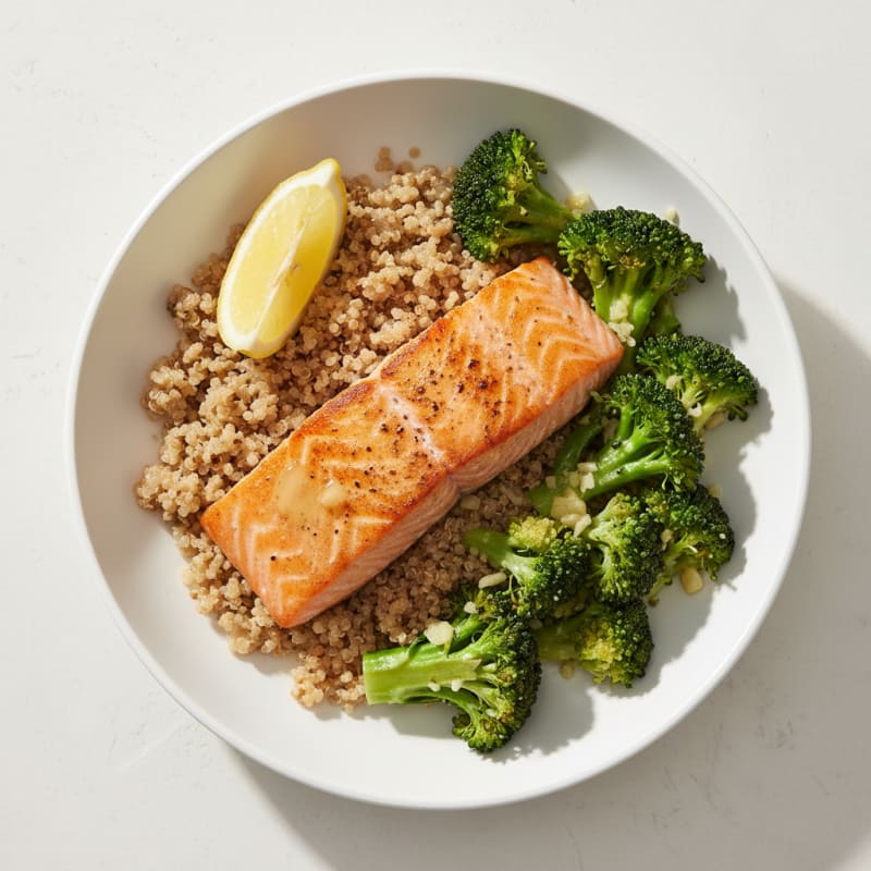 Seared Salmon with Garlic Sautéed Broccoli and Quinoa