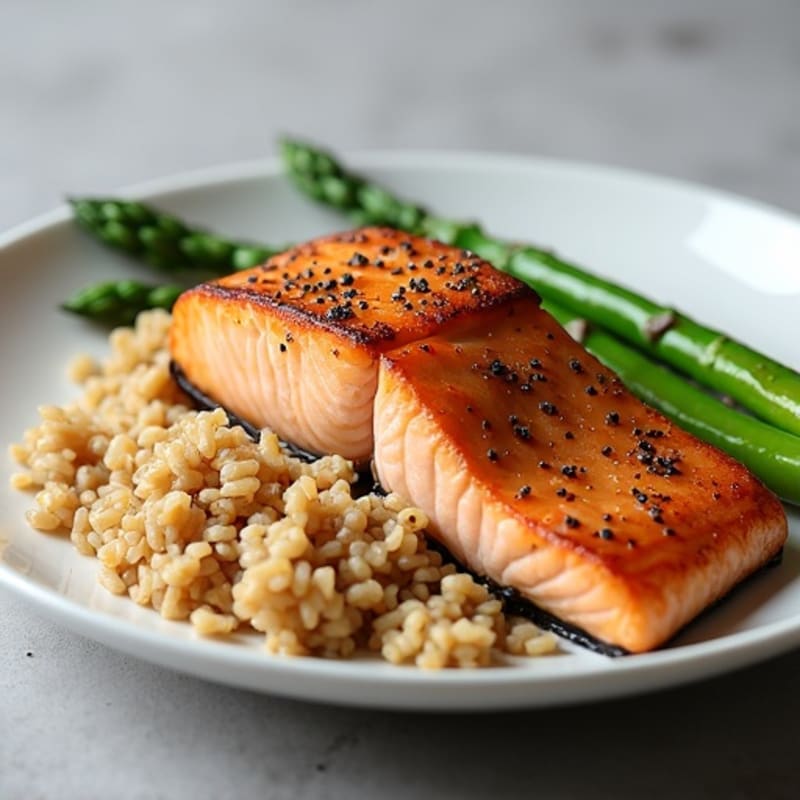 Seared Salmon Fillet with Steamed Asparagus and Brown Rice
