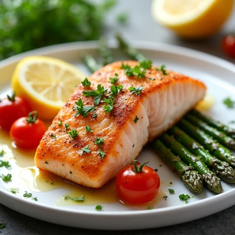 Crispy Pan-Seared Salmon with Lemon-Herb Roasted Asparagus and Cherry Tomatoes
