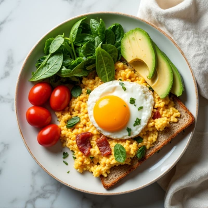 Cottage Cheese Egg Scramble with Spinach and Turkey Bacon