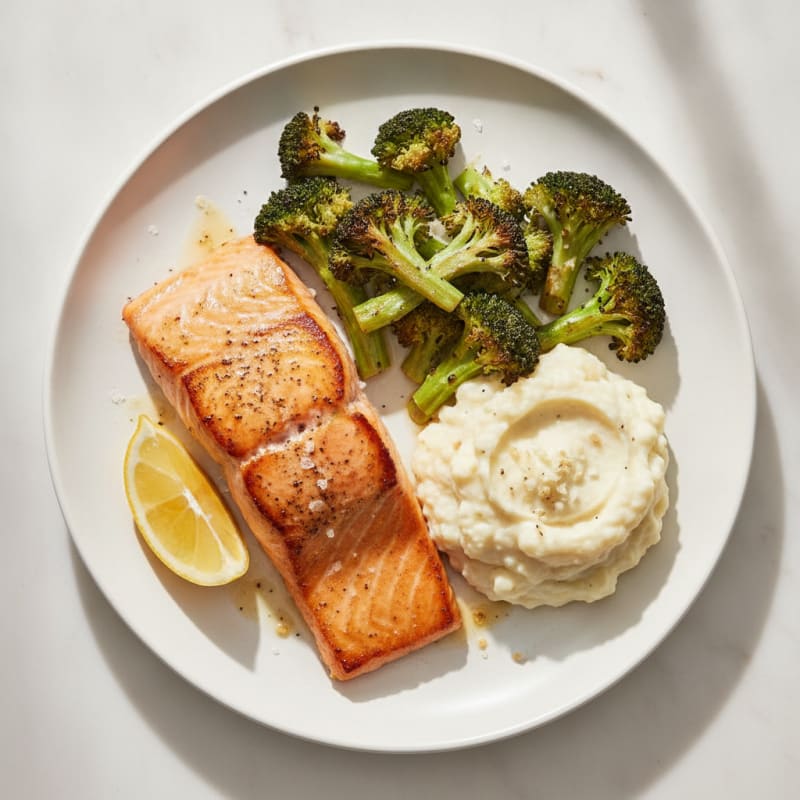 Seared Salmon Fillet with Roasted Broccoli and Garlic Mashed Cauliflower